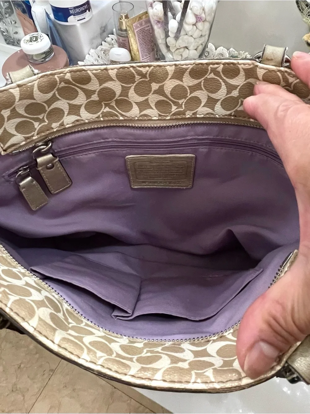 Coach Beige Signature Stripe Tote with Gold Trim